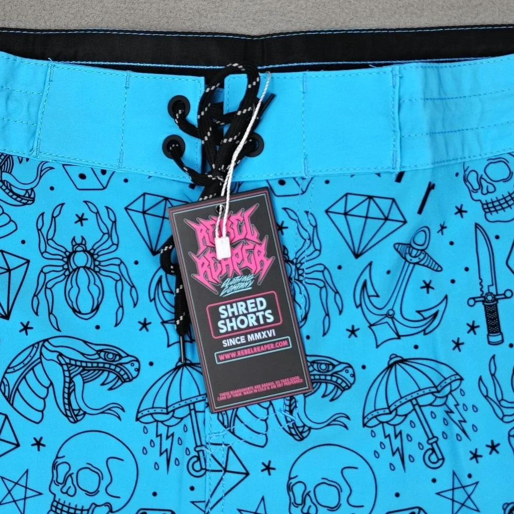 Rebel Reaper Boardshorts Swim Trunks Men 3XL Blue Shorts Tattoo Print Biker NEW